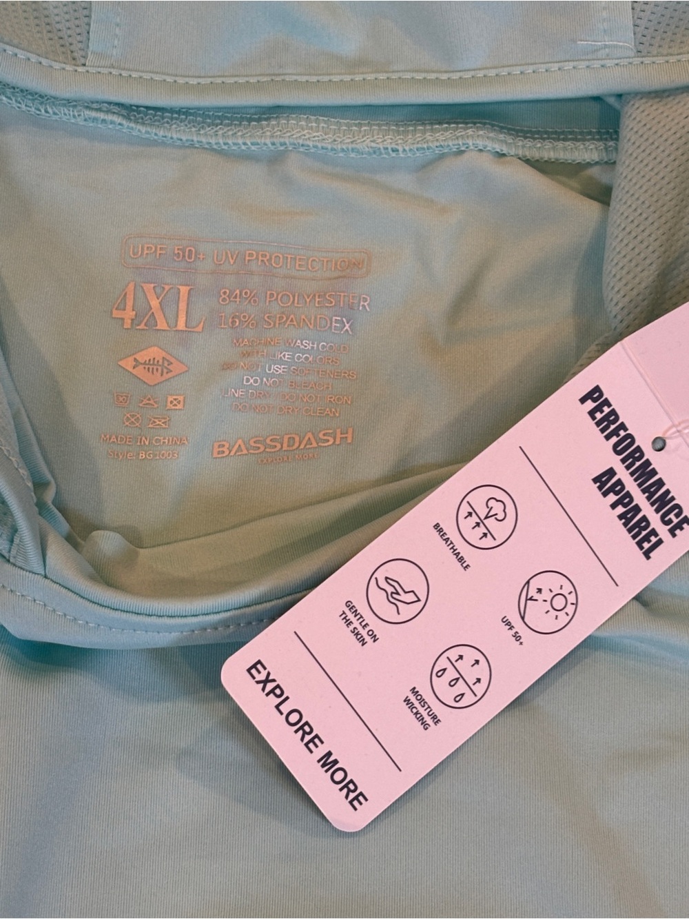 NWT Bassdash UPF 50+ Performance Fishing Hoodie Sun Shirt Aqua Blue 4XL - Picture 4 of 9